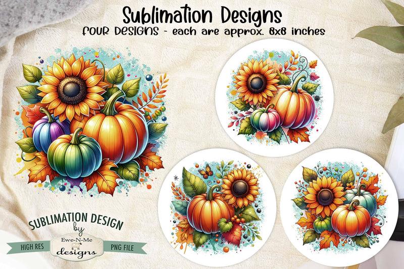 Colored Pumpkins and Sunflowers Sublimation Designs | Fall PNG Sublimation Ewe-N-Me Designs 