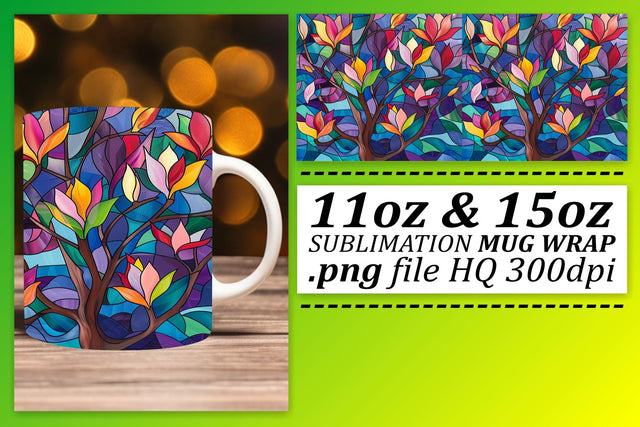 Colorful 11oz/15oz Mug Wrap Stained Glass Tree Design Sublimation afrosvg 