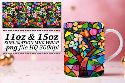 Colorful 11oz/15oz Mug Wrap Stained Glass Tree Design Sublimation afrosvg 