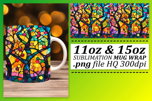 Colorful 11oz/15oz Stained Glass Tree Wrap Mug Sublimation Sublimation afrosvg 