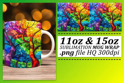 Colorful 11oz/15oz Tree Mug Wrap Stained Glass Art Sublimation afrosvg 