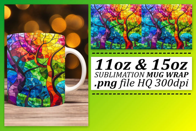 Colorful 11oz/15oz Tree Mug Wrap Stained Glass Art Sublimation afrosvg 