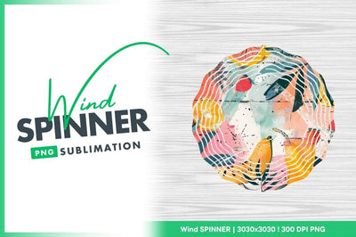 Colorful Abstract Wind Spinner Round Png Design on White Wood Grain Background Sublimation Regulrcrative 