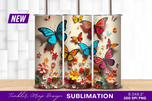 Colorful Butterflies And Flowers On Light Background Tumbler Png Sublimation Regulrcrative 