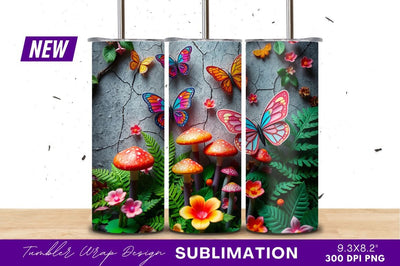 Colorful Butterflies And Mushrooms Whimsical Garden Scene Sublimation Regulrcrative 