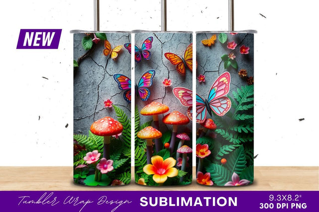 Colorful Butterflies And Mushrooms Whimsical Garden Scene Sublimation Regulrcrative 
