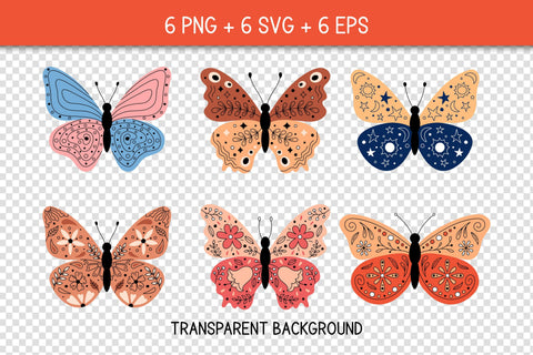 Colorful Butterflies PNG Clipart SVG Butterfly with Floral, Botanical, Abstract, Creative Ornament on Wings | Cute Moth Insects Clip Art EPS | Digital Download SVG AnnaViolet_store 