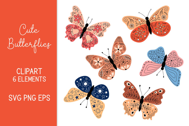 Colorful Butterflies PNG Clipart SVG Butterfly with Floral, Botanical, Abstract, Creative Ornament on Wings | Cute Moth Insects Clip Art EPS | Digital Download SVG AnnaViolet_store 