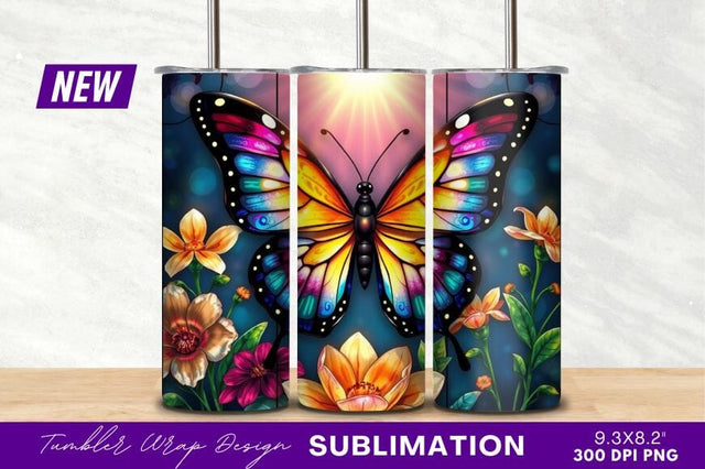 Colorful Butterfly Among Flowers Tumbler Png Sublimation Regulrcrative 