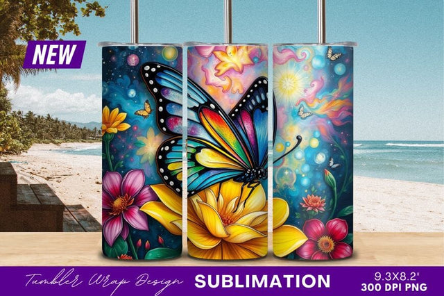 Colorful Butterfly On Flower Bed Tumbler Png Sublimation Regulrcrative 