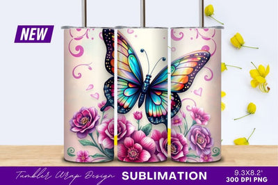 Colorful Butterfly With Pink Flowers Illustration Sublimation Regulrcrative 