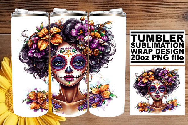 Colorful Calavera Woman Tumbler – 20oz Watercolor Art Sublimation afrosvg 