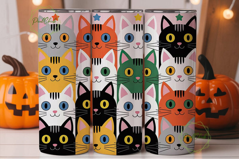 Colorful Cat Faces 20oz Tumbler Wrap Sublimation PixelChick 