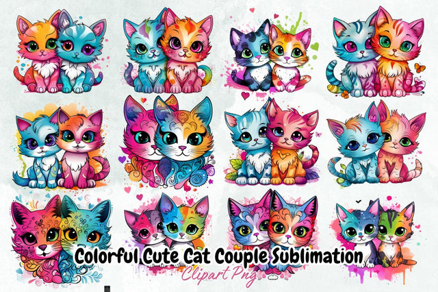 Colorful Cute Cat Couple Sublimation Bundle Sublimation Designangry 