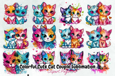 Colorful Cute Cat Couple Sublimation Bundle Sublimation Designangry 