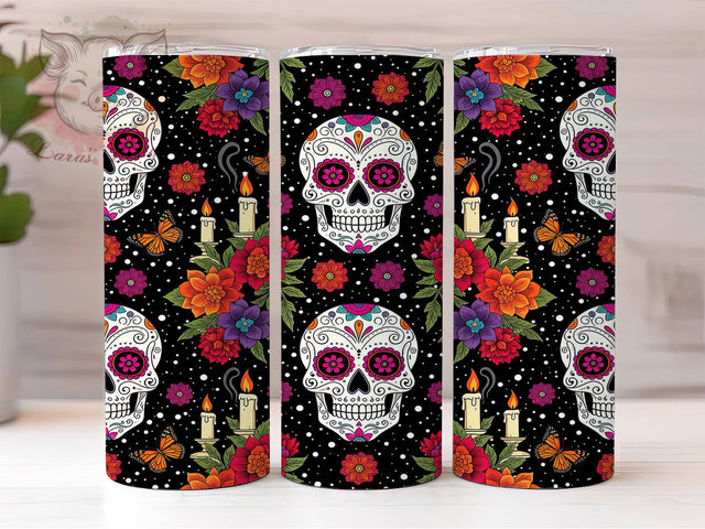 Colorful Dia De Los Muertos Skull Tumbler, Sugar Skull Wrap, Halloween Floral Design, 20Oz Skinny Tumbler, Butterfly Skull Sublimation, Mexican Holiday Drinkware, Colorful Skull Tumbler Sublimation Lara' s Designs 
