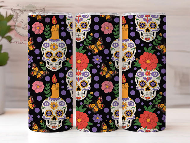 Colorful Dia De Los Muertos Skull Tumbler, Sugar Skull Wrap, Halloween Floral Design, 20Oz Skinny Tumbler, Butterfly Skull Sublimation, Mexican Holiday Drinkware, Colorful Skull Tumbler Sublimation Lara' s Designs 