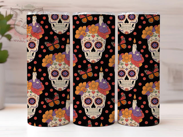 Colorful Dia De Los Muertos Skull Tumbler, Sugar Skull Wrap, Halloween Floral Design, 20Oz Skinny Tumbler, Butterfly Skull Sublimation, Mexican Holiday Drinkware, Colorful Skull Tumbler Sublimation Lara' s Designs 