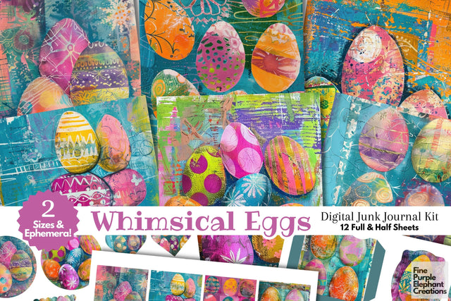 Colorful Easter Egg Basket Digital Junk Journal Kit Half Pages | Spring Digital Pattern Fine Purple Elephant Creations 