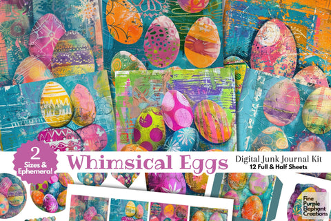 Colorful Easter Egg Basket Digital Junk Journal Kit Half Pages | Spring Digital Pattern Fine Purple Elephant Creations 