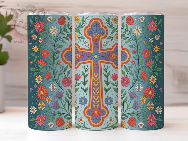 Colorful Floral Cross Faith Tumbler, Floral Christian Wrap, 20oz Sublimation Wrap, Religious Faith Cup, Boho Cross Design, Inspirational Bible Verse Tumbler, Spiritual Art Sublimation Lara' s Designs 