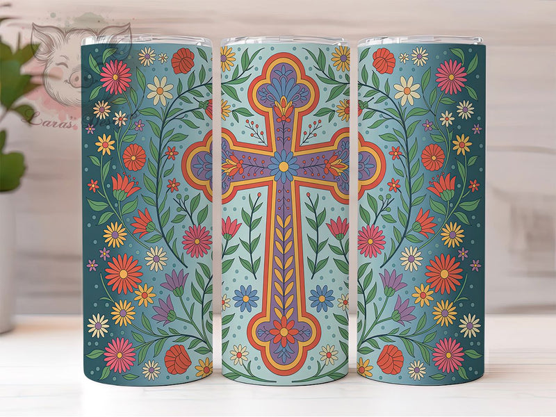 Colorful Floral Cross Faith Tumbler, Floral Christian Wrap, 20oz Sublimation Wrap, Religious Faith Cup, Boho Cross Design, Inspirational Bible Verse Tumbler, Spiritual Art Sublimation Lara' s Designs 