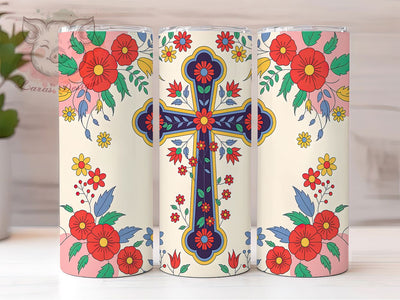 Colorful Floral Cross Faith Tumbler, Floral Christian Wrap, 20oz Sublimation Wrap, Religious Faith Cup, Boho Cross Design, Inspirational Bible Verse Tumbler, Spiritual Art Sublimation Lara' s Designs 