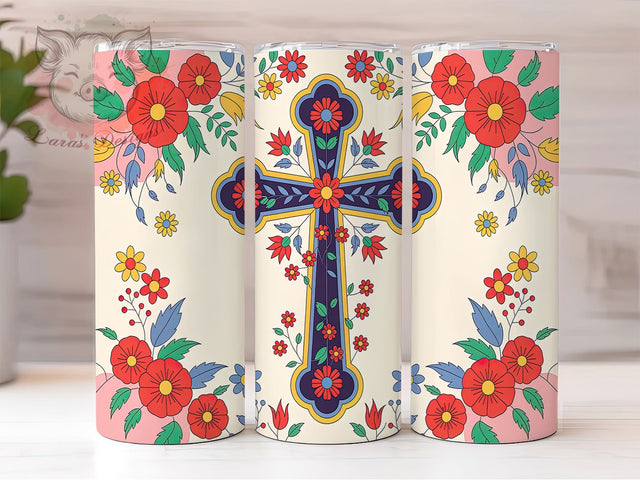 Colorful Floral Cross Faith Tumbler, Floral Christian Wrap, 20oz Sublimation Wrap, Religious Faith Cup, Boho Cross Design, Inspirational Bible Verse Tumbler, Spiritual Art Sublimation Lara' s Designs 