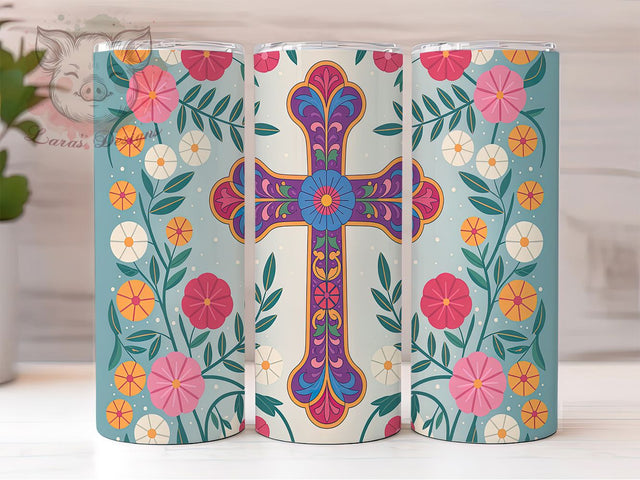 Colorful Floral Cross Faith Tumbler, Floral Christian Wrap, 20oz Sublimation Wrap, Religious Faith Cup, Boho Cross Design, Inspirational Bible Verse Tumbler, Spiritual Art Sublimation Lara' s Designs 