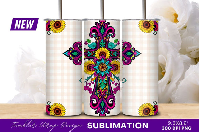 Colorful Floral Cross With Sunflowers Design Sublimation Regulrcrative 
