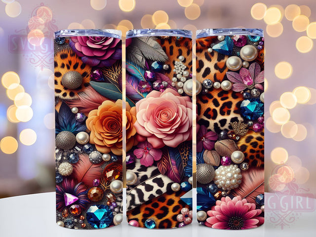 Colorful Floral Leopard Tumbler Wrap, Vibrant Flowers and Gems Design, 20oz Skinny Tumbler Wrap, Leopard Print Sublimation Art, Exotic Floral Tumbler Wrap, Animal Print Gift Idea Sublimation SvggirlplusArt 