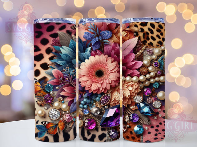 Colorful Floral Leopard Tumbler Wrap, Vibrant Flowers and Gems Design, 20oz Skinny Tumbler Wrap, Leopard Print Sublimation Art, Exotic Floral Tumbler Wrap, Animal Print Gift Idea Sublimation SvggirlplusArt 