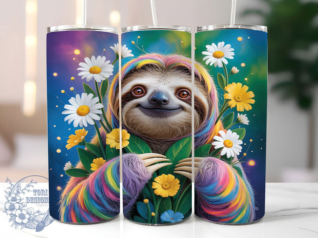 Colorful Floral Sloth Tumbler, Floral Sloth Pattern, Cute Sloth Design, 20Oz Sublimation Wrap, Sloth Flower Art, Bright Animal Print, Tumbler Sublimation Sublimation ToriDesigns 