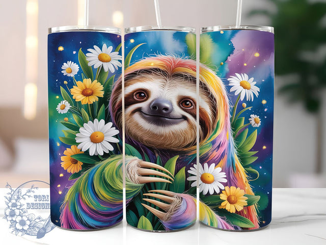 Colorful Floral Sloth Tumbler, Floral Sloth Pattern, Cute Sloth Design, 20Oz Sublimation Wrap, Sloth Flower Art, Bright Animal Print, Tumbler Sublimation Sublimation ToriDesigns 