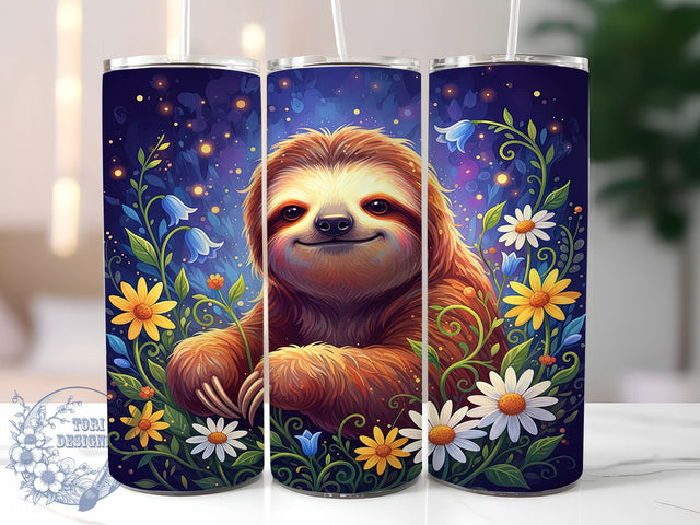 Colorful Floral Sloth Tumbler, Floral Sloth Pattern, Cute Sloth Design, 20Oz Sublimation Wrap, Sloth Flower Art, Bright Animal Print, Tumbler Sublimation Sublimation ToriDesigns 