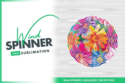 Colorful Floral Wind Spinner Round Png Design on White Wood Grain Background Sublimation Regulrcrative 