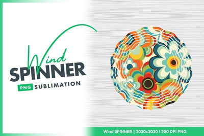 Colorful Floral Wind Spinner Round Png Design on Wood Grain Background 3 Sublimation Regulrcrative 