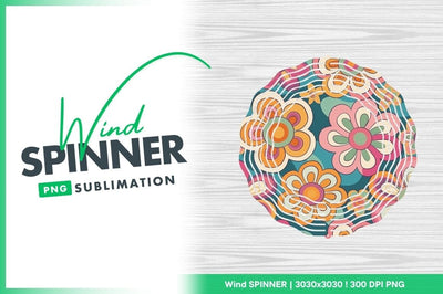 Colorful Floral Wind Spinner Round Png Design on Wood Grain Background Sublimation Regulrcrative 