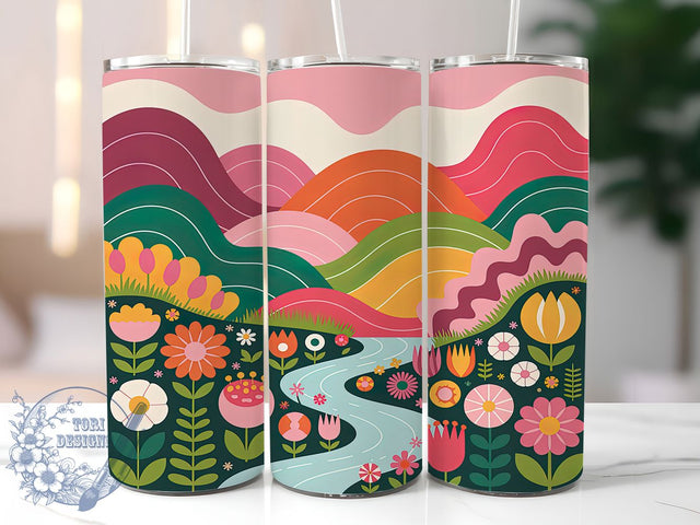 Colorful Folk Art Tumbler, Mountain Landscape Png, Colorful Floral Wrap, 20oz Skinny Tumbler, Nature Sublimation, Folk Art Design, Landscape Tumbler Sublimation ToriDesigns 