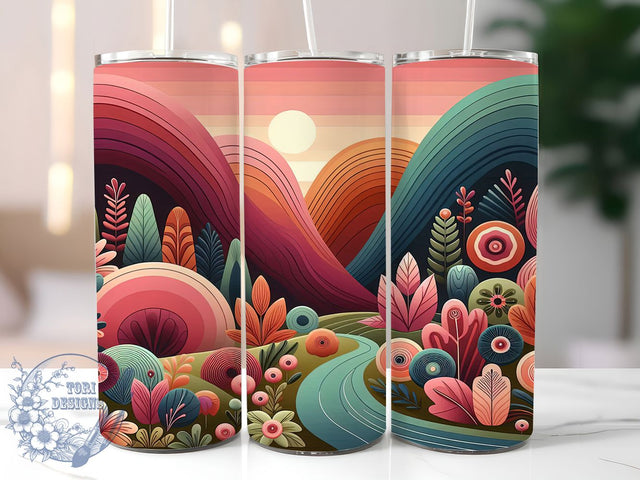 Colorful Folk Art Tumbler, Mountain Landscape Png, Colorful Floral Wrap, 20oz Skinny Tumbler, Nature Sublimation, Folk Art Design, Landscape Tumbler Sublimation ToriDesigns 