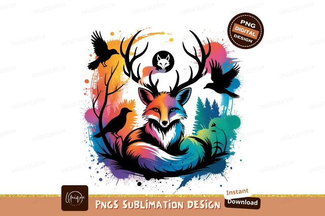 Colorful Fox With Deer Antlers Vector Sublimation Designangry 