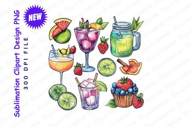 Colorful Fruit Cocktails And Cupcake Clipart Png Sublimation Regulrcrative 