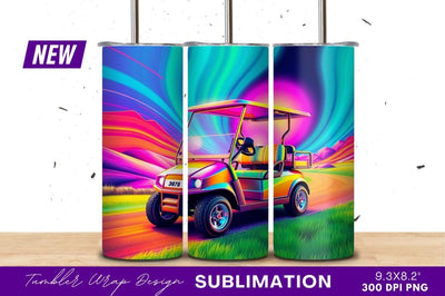 Colorful golf cart on psychedelic background tumbler png Sublimation Regulrcrative 
