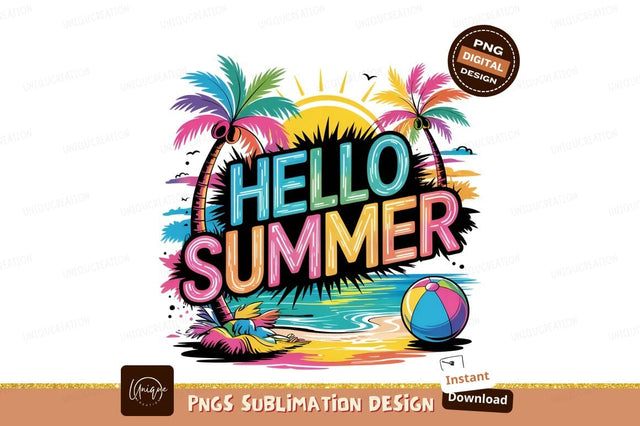 Colorful Hello Summer Beach Scene Vector Sublimation Designangry 
