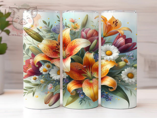 Colorful Lily Daisies Floral Tumbler, Daisies Floral Wrap, Cute Flower Cup, Artistic Sublimation Design, Valentine Gift Tumbler, Sweet Lilies Wrap, Adorable Floral Cup Sublimation Lara' s Designs 