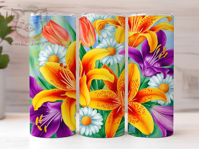 Colorful Lily Daisies Floral Tumbler, Daisies Floral Wrap, Cute Flower Cup, Artistic Sublimation Design, Valentine Gift Tumbler, Sweet Lilies Wrap, Adorable Floral Cup Sublimation Lara' s Designs 