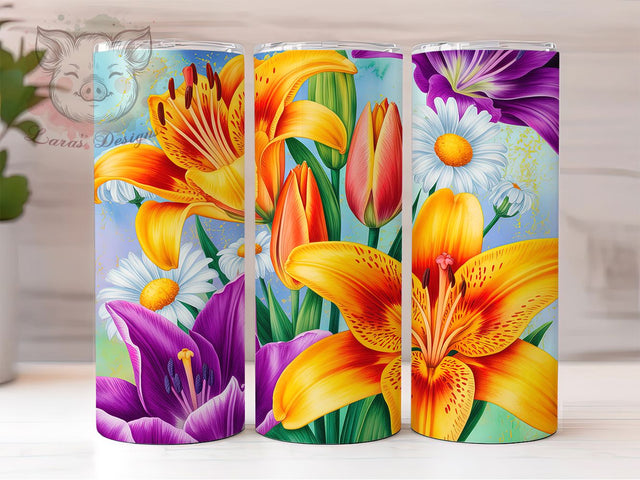 Colorful Lily Daisies Floral Tumbler, Daisies Floral Wrap, Cute Flower Cup, Artistic Sublimation Design, Valentine Gift Tumbler, Sweet Lilies Wrap, Adorable Floral Cup Sublimation Lara' s Designs 