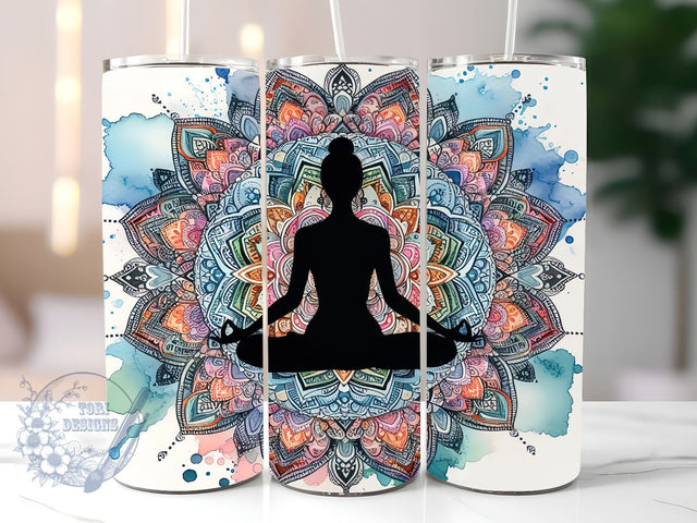 Colorful Mandala with Yoga Pose 20oz Tumbler Wrap Sublimation Design, Yoga Pose Tumbler, Instant Digital Download Sublimation ToriDesigns 