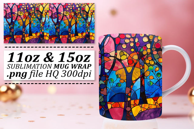 Colorful Mug Wrap 11oz/15oz Stained Glass Tree Sublimation Sublimation afrosvg 