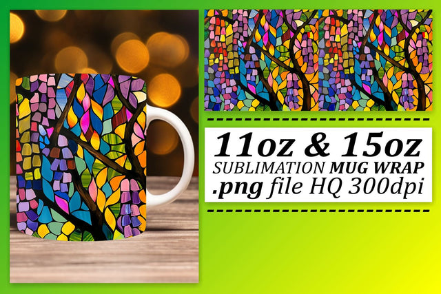 Colorful Mug Wrap 11oz/15oz Stained Glass Tree Sublimation Sublimation afrosvg 